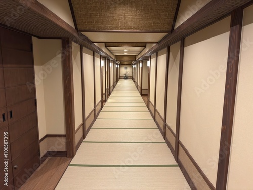 Japanese Hotel Corridor with Tatami Mats and Wooden Doors