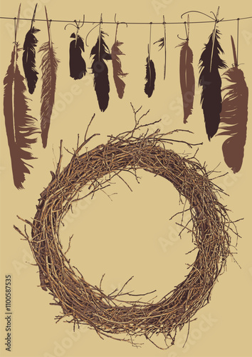A4 vector banner on theme of paganism, black magic and witchcraft with black bird crow feathers and wreath of dry branches and roots in a circle  in the folk shaman style and place for an inscription