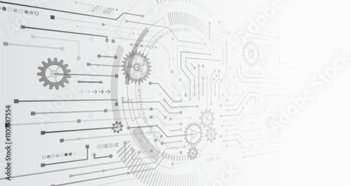 Sci-fi gray background with various technology elements. Science concept, circuit board and gear mechanism. Abstract hi tech communication for presentation or banner.