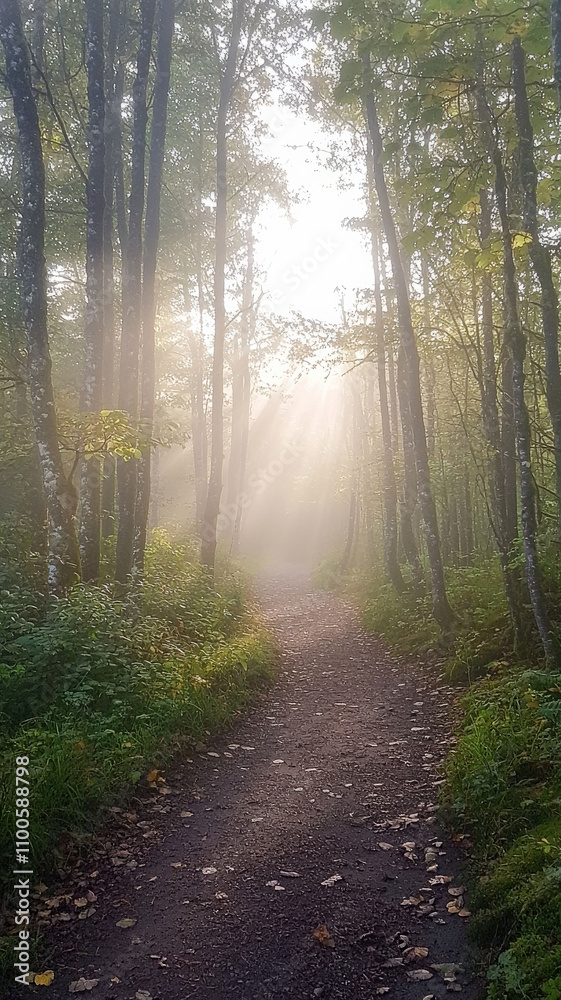 Obraz premium A serene foggy forest path, bathed in soft light streaming through the trees, evoking a sense of calm and mystery as nature gently embraces the surroundings.