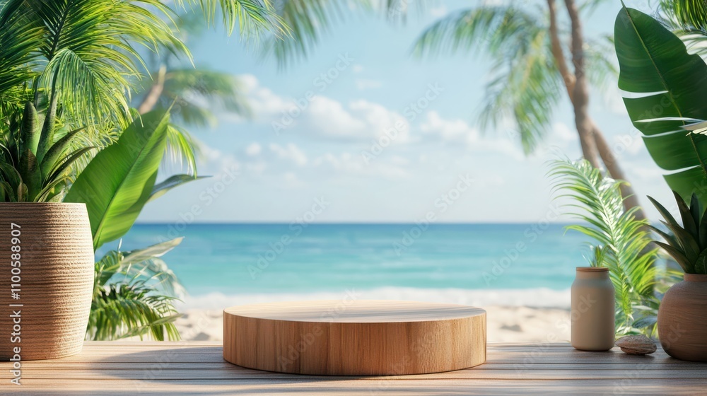 Fototapeta premium Summer product display on wooden podium at sea tropical beach