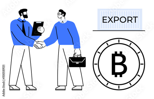 Two businessmen shaking hands, one holding a briefcase and the other a clipboard. Export container and Bitcoin symbol in the background. Ideal for business, trade, cryptocurrency, partnership