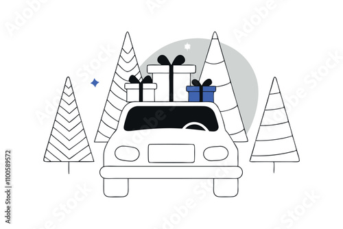 Cartoon car carries many gifts for Christmas and New Year. Vector flat illustration