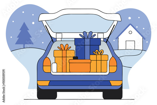 Cartoon car carries many gifts for Christmas and New Year. Vector flat illustration