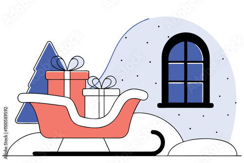 Santa's sleigh with gifts for Christmas and New Year. Vector flat illustration