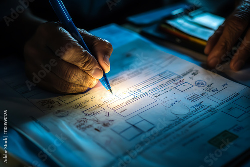 A close-up of hands signing a deportation document, with legal stamps and immigration files, symbolizing the bureaucratic and impersonal nature of deportation processes. 