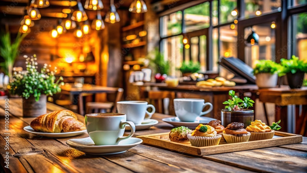 Fototapeta premium Blurred Coffee Shop Background with Rustic Wooden Table for Serving Food and Drinks in a Gastronomic Venue, Macro Photography of Delicious Culinary Delights