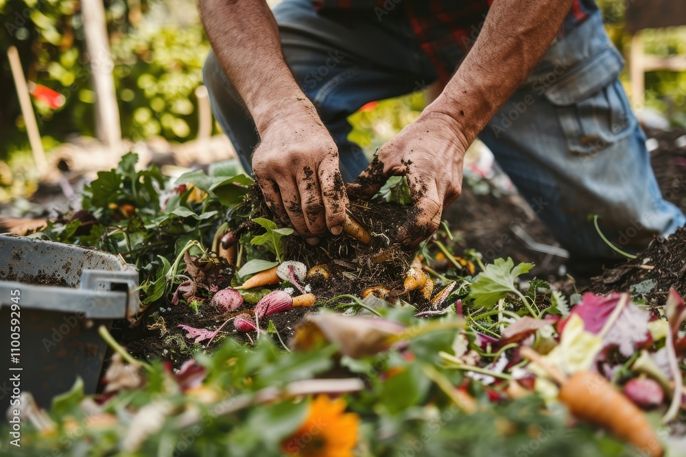 Gardening activity in autumn with hands planting vegetables and herbs among colorful fallen leaves in a vibrant garden setting Gardening activity in autumn with hands planting vegetables and herbs among colorful fallen leaves in a vibrant garden setting