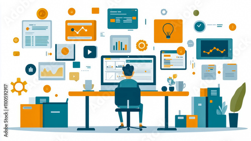Wallpaper Mural Individual focuses on data analysis at a desk surrounded by charts and diagrams, showcasing a productive workplace atmosphere during daytime Torontodigital.ca