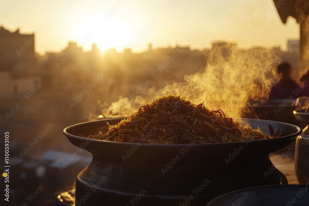 Indian Biryani Topped with Crispy Onions at Sunset