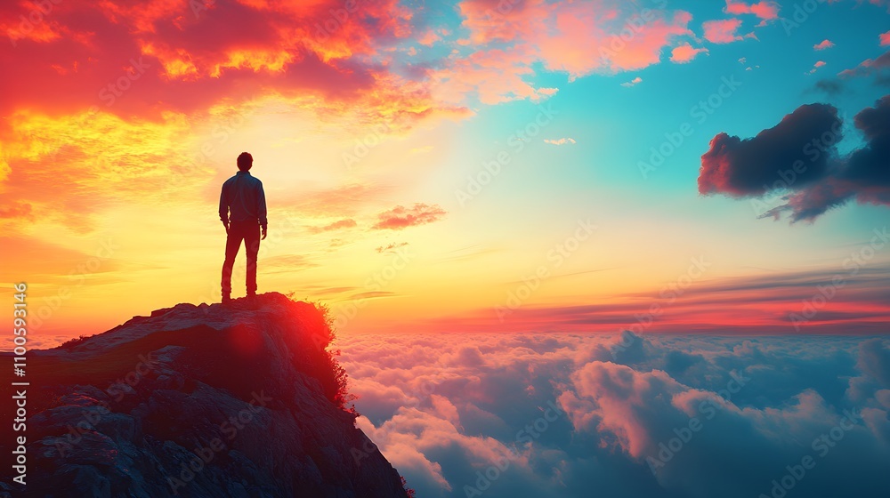 Obraz premium Person standing on a cliff under a vibrant sky, wearing bold, distinctive fashion, capturing the feeling of confidence and standing out against nature's vastness