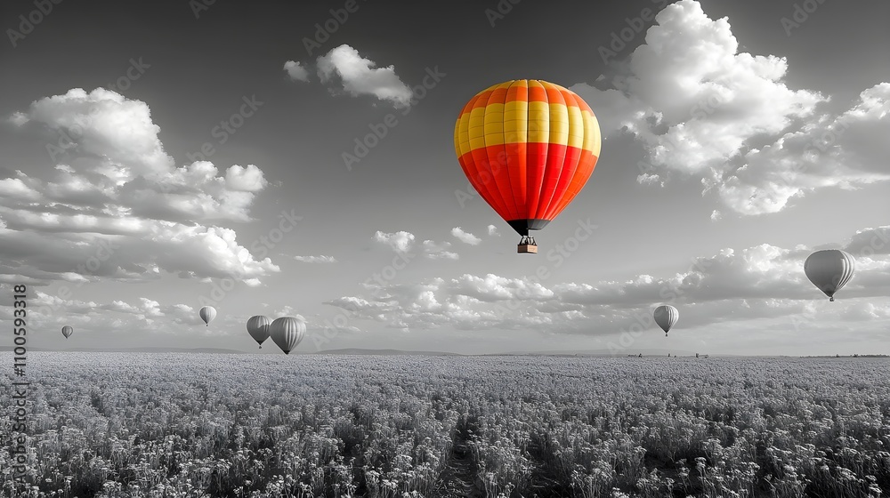 Obraz premium Rainbow hot air balloon soaring above a field of identical grey balloons, its vivid colors standing out in the vastness of the open sky