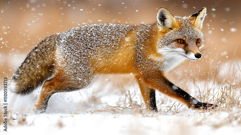 fox hunting in snowy field, showcasing its agility and focus amidst falling snowflakes. scene captures beauty of wildlife in winter fox hunting in snowy field, showcasing its agility and focus amidst falling snowflakes. scene captures beauty of wildlife in winter