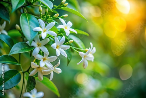 Breathtaking Conceptual Photography of False Jasmine Blooms with Rincospermo Leaves, Capturing the Essence of Nature's Beauty and Serenity in a Dreamlike Setting photo