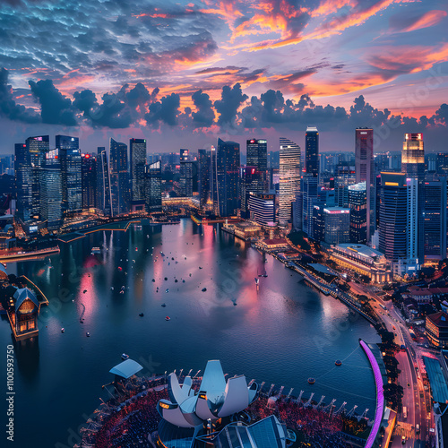 A dazzling, night-time panorama of Singapore's bustling cityscape and local attractions