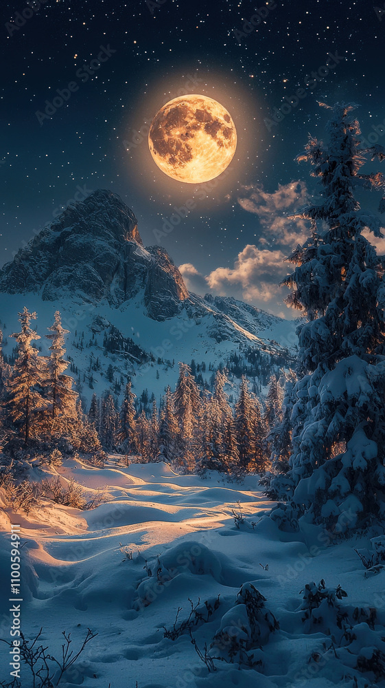 Fototapeta premium A glowing moon and twinkling stars illuminate a snowy mountain landscape at night, creating a serene and magical atmosphere.