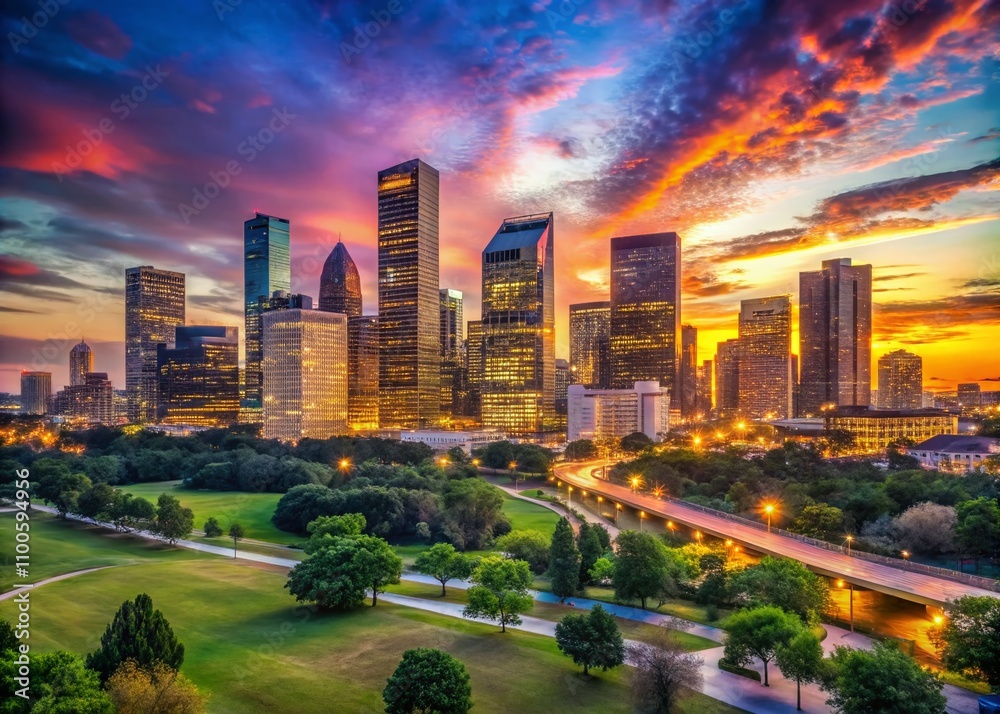 Obraz premium Breathtaking Panoramic View of the Houston Skyline from the North, Showcasing Iconic Skyscrapers and Urban Landscape of Texas, USA at Dusk with Vibrant Colors and City Lights
