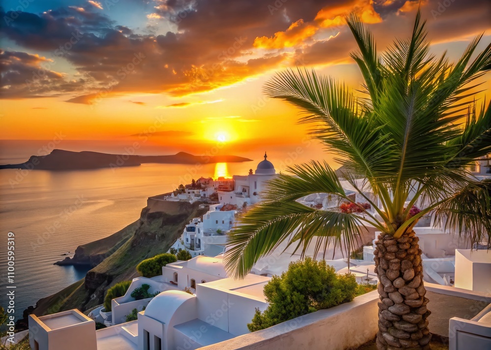 Fototapeta premium Breathtaking Santorini Island Sunset View with Iconic White Architecture, Palm Plants, and Tranquil Seascape – A Romantic Travel Destination Experience