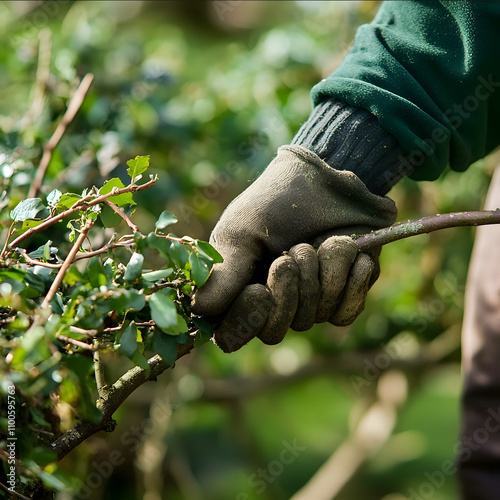 an image showing a persons hands working on laying a hedge by bending the branches photo