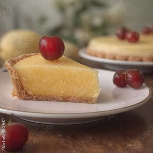 Una pequeña y linda rebanada de pastel de limón con varias cerezas photo