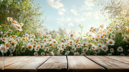 Presentation of product with flowery background and wooden table during spring and summer
