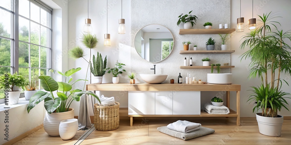 Fototapeta premium Bright and Inviting Scandinavian Bathroom Interior Featuring Hygiene Accessories and Minimalist Design Elements for a Clean and Modern Aesthetic