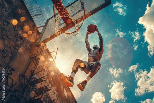 Basketball player performs a slam dunk during sunset at an outdoor court under a vibrant sky with clouds