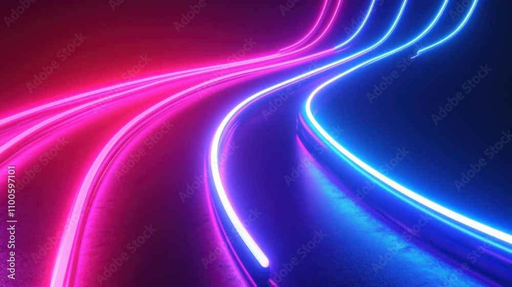 rounded bend pink blue neon lines glowing in the dark. Abstract minimalist geometric background. Cyber space. Futuristic wallpaper rounded bend pink blue neon lines glowing in the dark. Abstract minimalist geometric background. Cyber space. Futuristic wallpaper