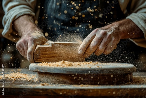  Carpenter working with wood, creating sawdust in workshop, focus on hands and craftsmanship in motion photo