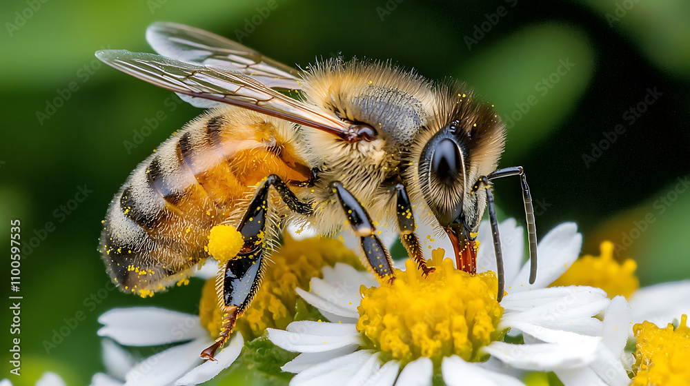 Fototapeta premium macro photo of bee collecting pollen from flower, showcasing its intricate details and vibrant colors. bee is busy at work, contributing to ecosystem