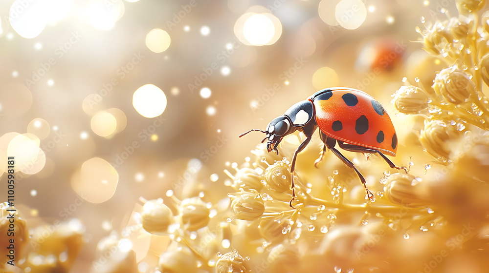 Obraz premium macro photo of ladybug crawling on yellow flower, showcasing its vibrant red and black colors against soft, dreamy background filled with bokeh lights. scene evokes sense of tranquility and beauty in