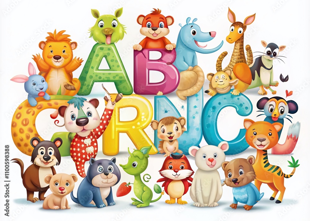 Obraz premium Candid Animal Alphabet: A to Z Zoo Adventure with Cute Cartoon Animals for Kids Learning the English Alphabet in a Fun and Engaging Way on a White Background