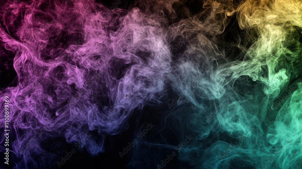 Fototapeta premium Texture overlay with a misty fog effect containing colorful smoke on a black background.