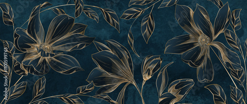 Art background with magnolia flowers on a branch hand drawn in gold line art style. Floral banner for wallpaper, invitations, social media, print, poster, presentation, interior design.