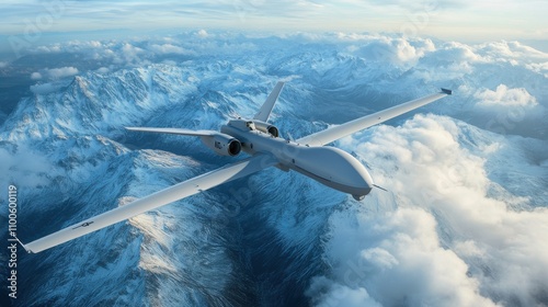 Military drone flies over snowy mountains, capturing vital intelligence data for defense and security operations