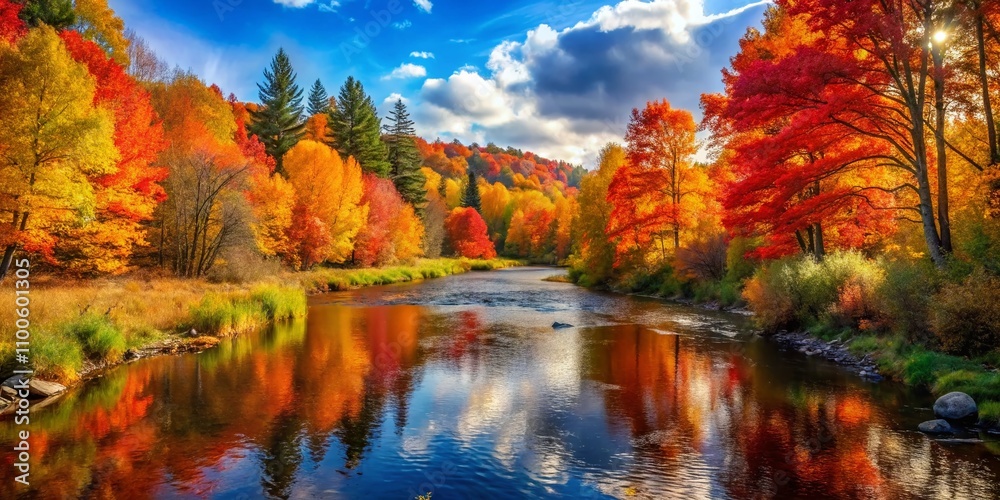 Obraz premium Captivating Autumn Landscape with Vibrant Foliage and Tranquil River Reflections in a Scenic Forest Setting, Perfect for Nature Lovers and Outdoor Enthusiasts