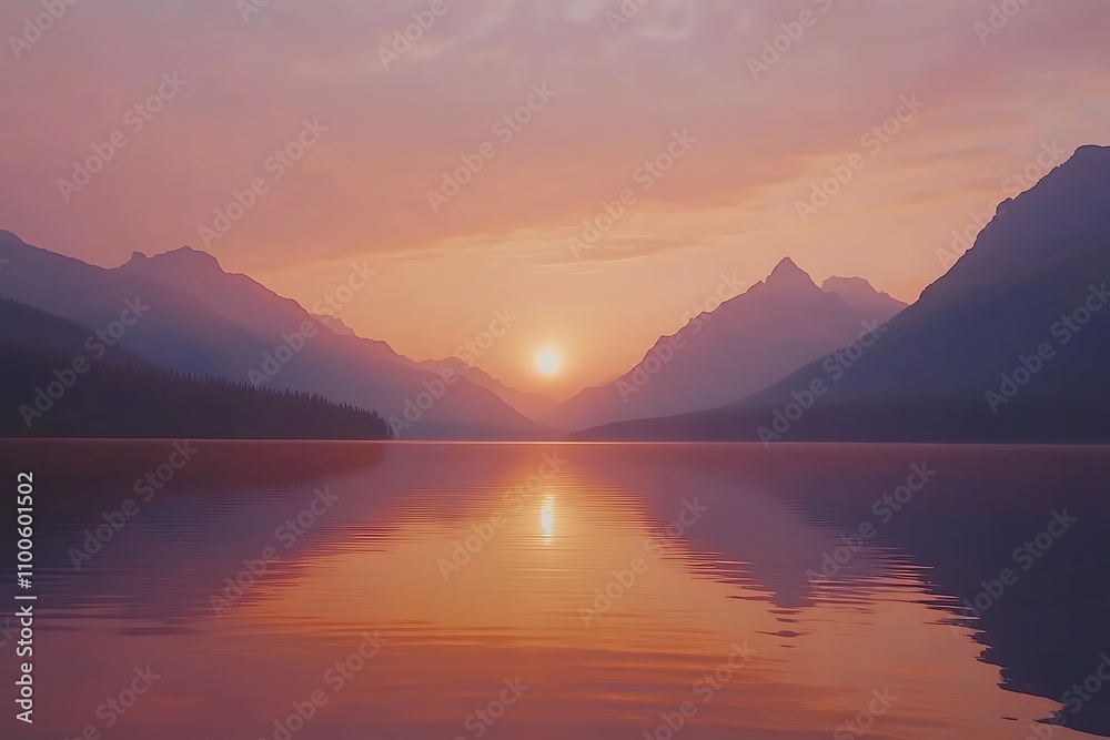 Fototapeta premium sunset over the lake and mountains 