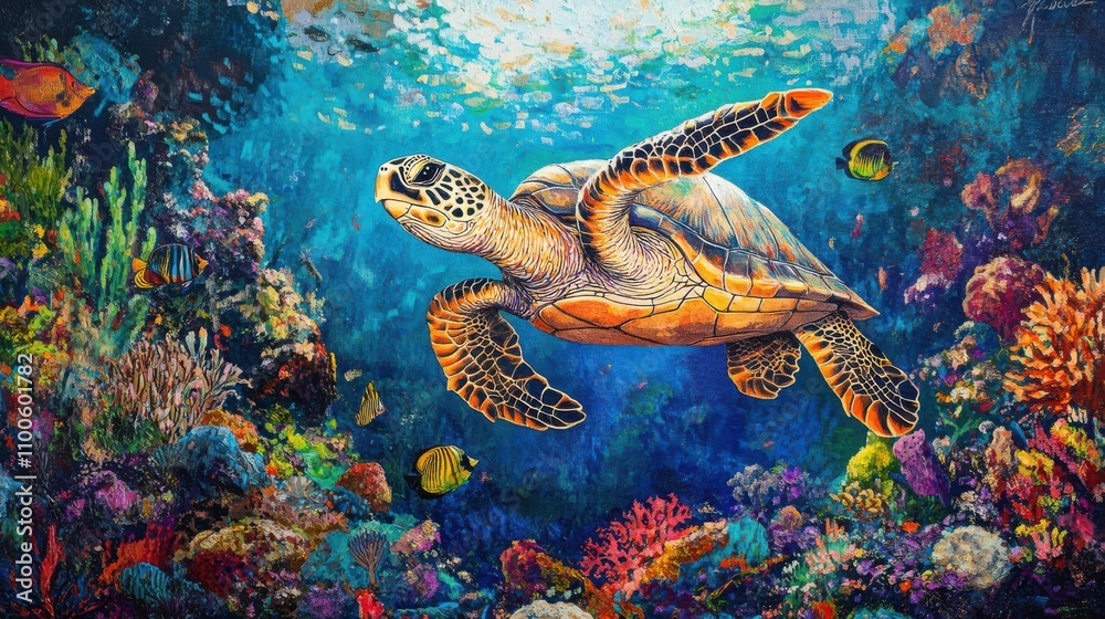 Obraz premium vibrant underwater scene of sea turtle gracefully swimming amidst colorful tropical fish. coral reef backdrop, shimmering water effects, and diverse marine life