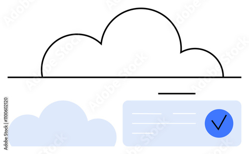 Cloud outline above blue cloud and check mark within blue circle beside horizontal lines. Ideal for cloud storage, data security, authentication, approvals, processes, visibility, and data access photo