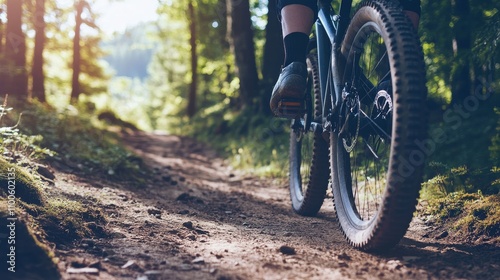 A mountain biking trail with a focus on the trail markers, outdoor setting with forested hills, Adventurous style