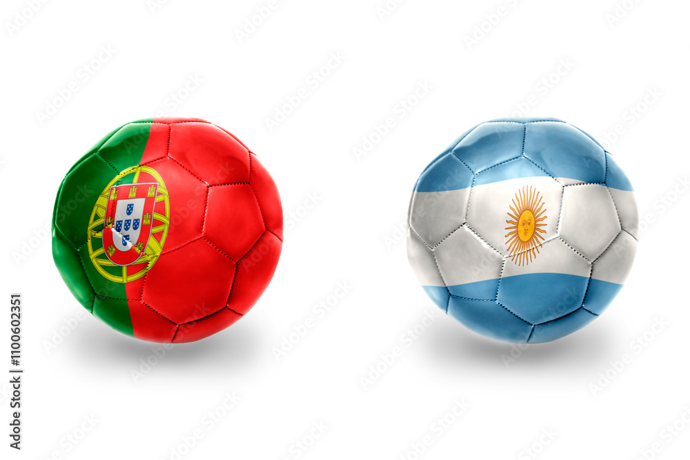 Obraz premium football balls with national flags of portugal and argentina ,soccer teams. on the white background.