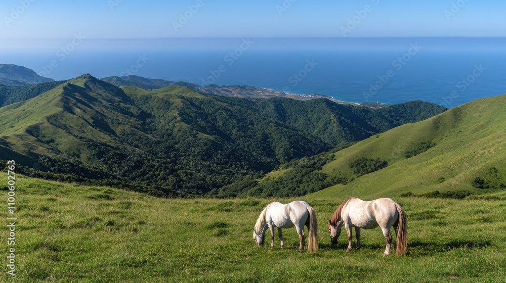 Two horses graze on vibrant green grass on Hallongseom Island with Shatskaya Rock visible in the distance on a sunny day Two horses graze on vibrant green grass on Hallongseom Island with Shatskaya Rock visible in the distance on a sunny day