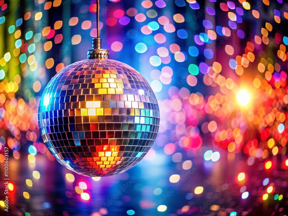 Obraz premium Captivating Disco Ball Hanging from a String, Reflecting Colorful Lights in a Vibrant Dance Floor Setting, Perfect for Party Atmosphere and Nightlife Themes