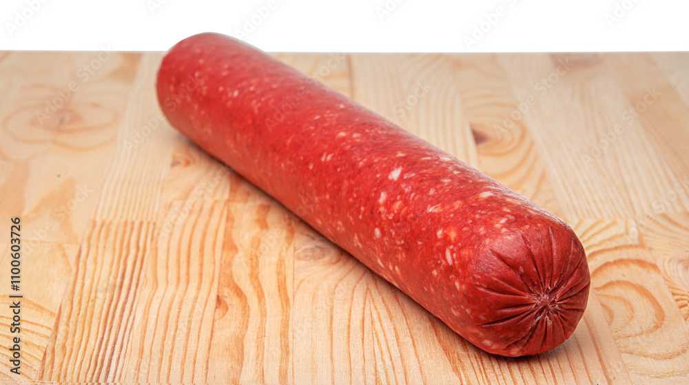 Sausage stick on wooden background. Pork beef sausage.