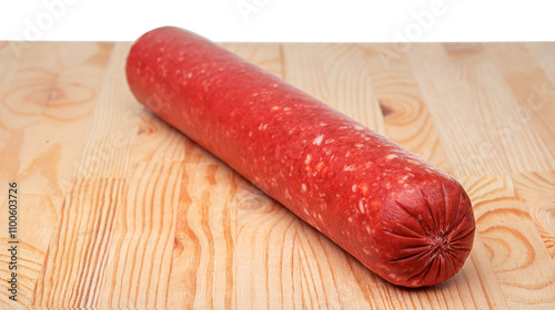 Obraz na płótnie Sausage stick on wooden background. Pork beef sausage. w salonie