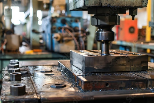 Precision machining process in an industrial workshop demonstrating advanced milling techniques on a metal workpiece photo