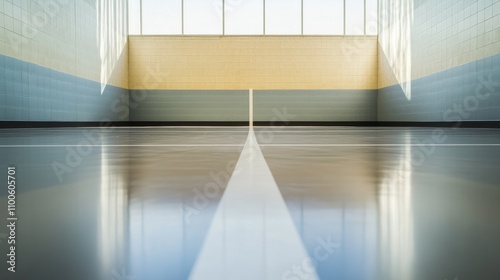 A racquetball court with a focus on the court lines and walls, indoor setting with artificial lighting, Clean style