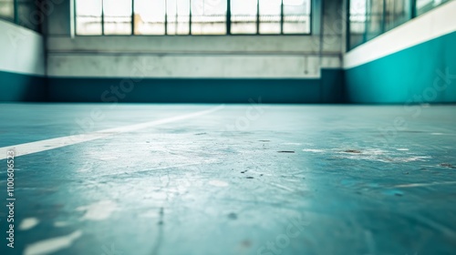 A racquetball court's floor with focus on the paint and scuff marks, indoor setting with bright lighting, Industrial style