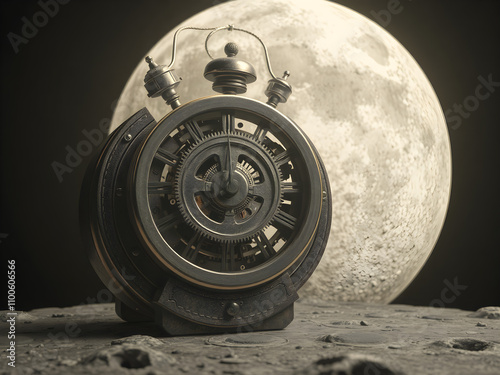 A cool tones clockwork automaton in a 3D rendering style with high-key lighting in a moon surface, showing a person shouting. photo