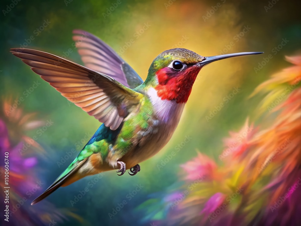 Fototapeta premium Captivating Hummingbird in Motion with Vibrant Oil Paint Effects and Ample Copy Space for Artistic Projects